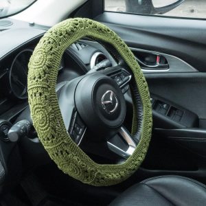 Green Crochet Steering Wheel Cover Flower Set